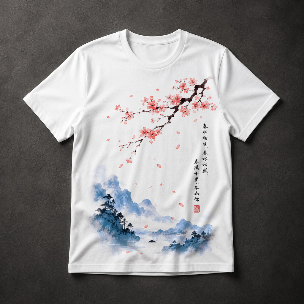 Camiseta Masculina Cerejeira Oriental Aquarela Poema Chinês Arte Japonesa Flor Sakura