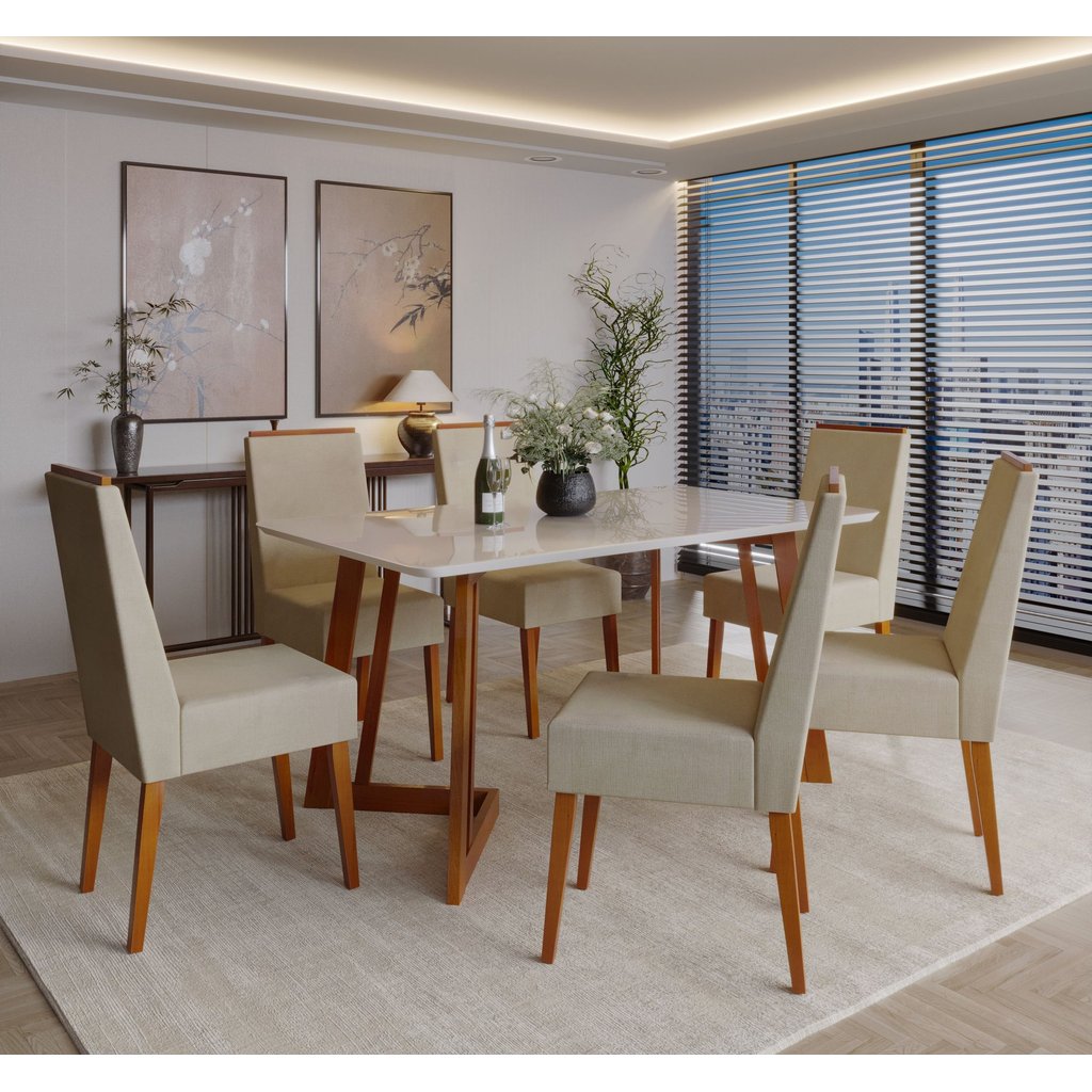 Conjunto Sala de Jantar Madeira Maciça com Vidro 6 Cadeiras Califórnia Marrom/Caramelo Caramelo