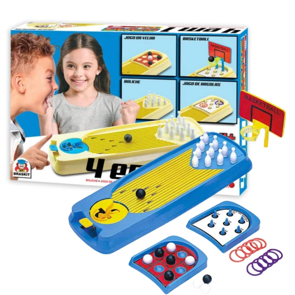 Brinquedo Infantil 4 em 1 Game Mesa de Jogos Argola Basquete Boliche Braskit Criança Presente em Oferta na Shopee