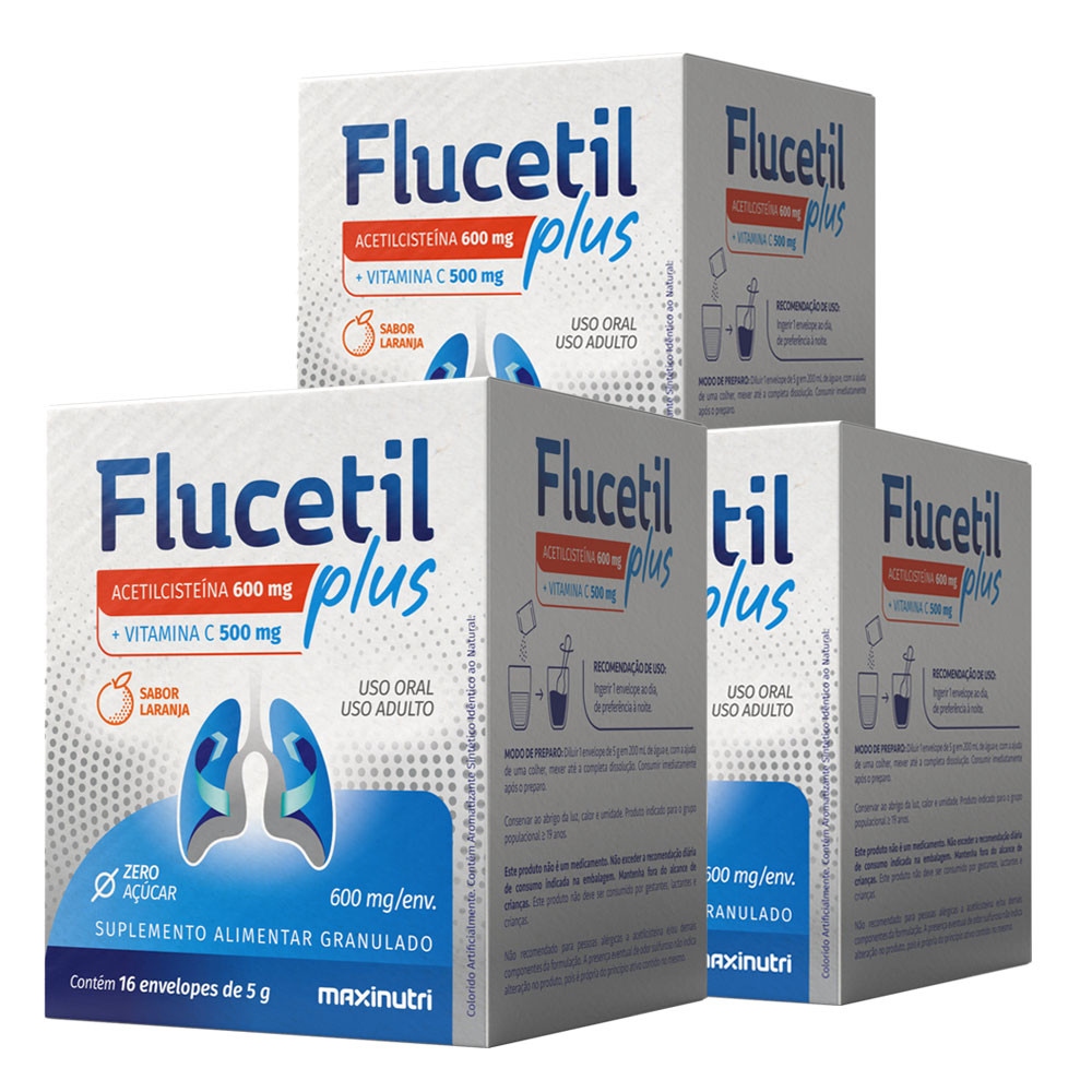 Kit 3 Flucetil Plus + Vitamina C Acetilcisteina NAC Sachê 16x5g Maxinutri