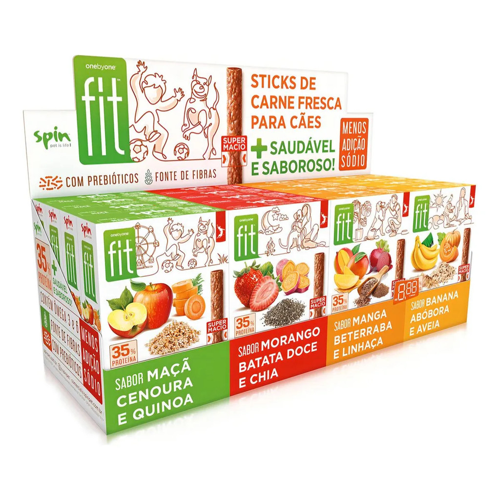 Kit 4 Sabores Stick Fit Spin Pet Para Cães Maçã + Morango + Banana + Manga 50g 16un
