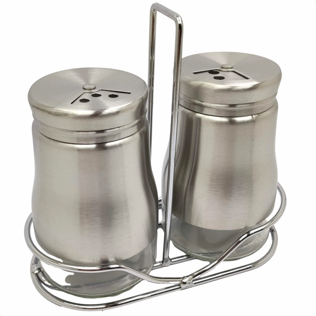 Saleiro Paliteiro Galheteiro Aço Inox Porta Tempero de Cozinha Com Suporte 2 Peças
