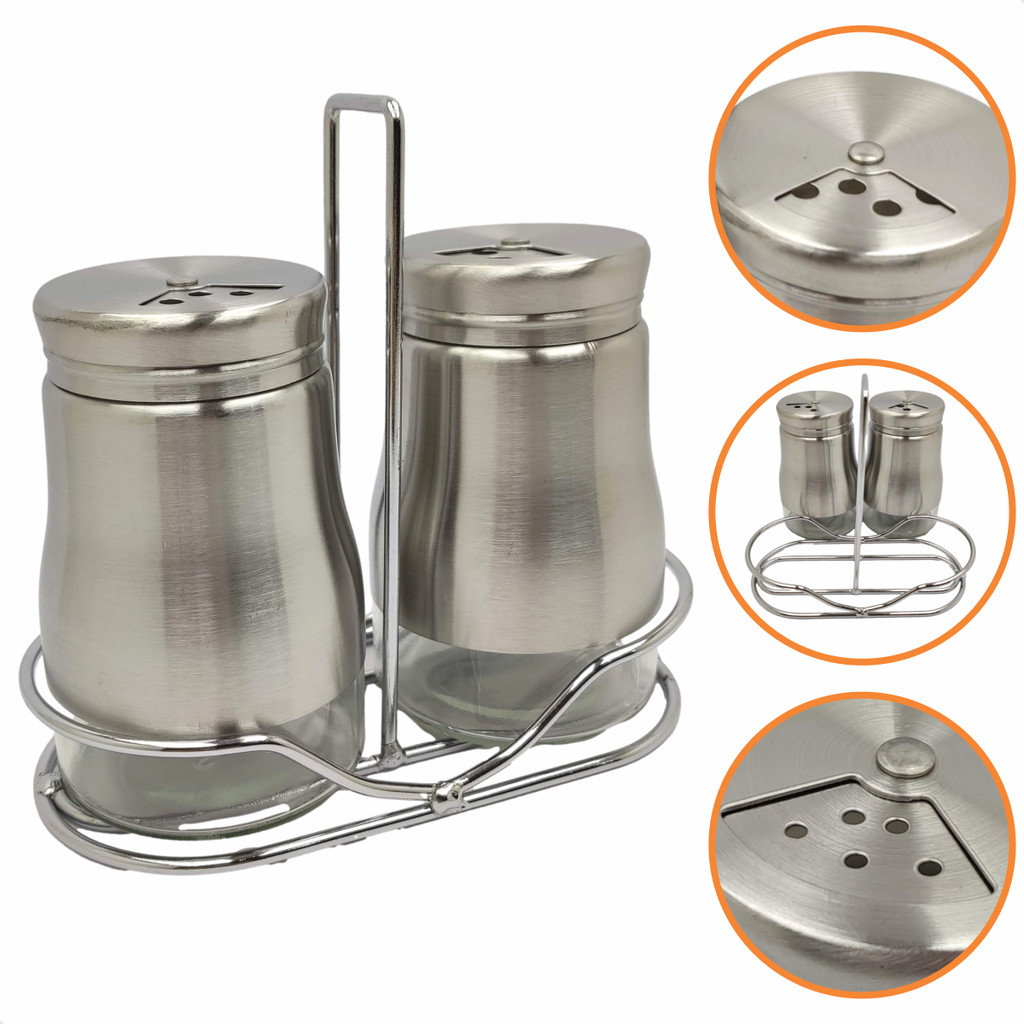 Saleiro Paliteiro Conjuto Aço Inox Galheteiro Porta Tempero Utensílio de Cozinha Com Suporte 2 Peças