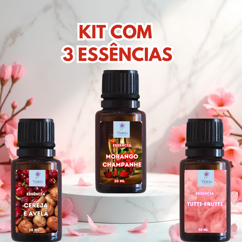 Kit com 3 Essências Hidrossolúveis | Para Umidificador e Difusor de Ar |Morango&Champanhe| Cereja&avelã|Tutti Frutti