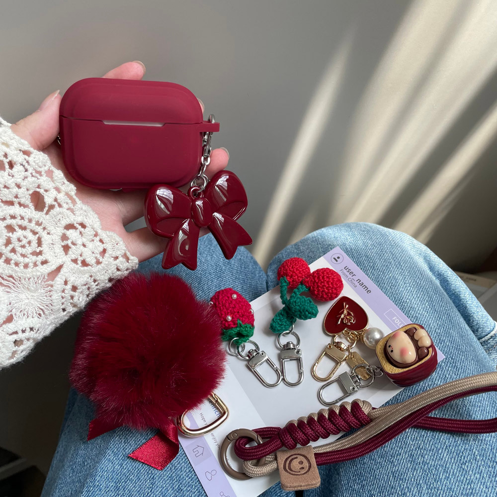 Vinho Vermelho Silicone Fone De Ouvido Caso Para AirPods Pro3 2025 Capa Com Hairball Cereja Arco Chaveiro 2 3 4 Pro Maci