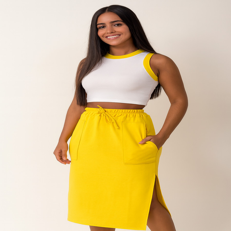 Conjunto Matriz Cropped Bicolor Ribana + Saia Midi com Fenda Lateral
