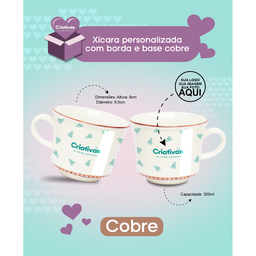 Xícara Perla  Cerâmica com Borda Cobre Personalizado 240ml
