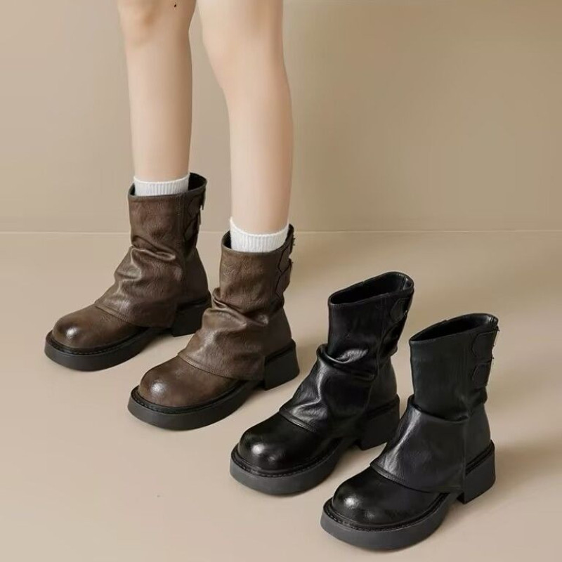 Botas Curtas IELGY Meirade Para Mulheres Novas Ocidentais De Cavaleiro Marrom De Sola Grossa · foto 2