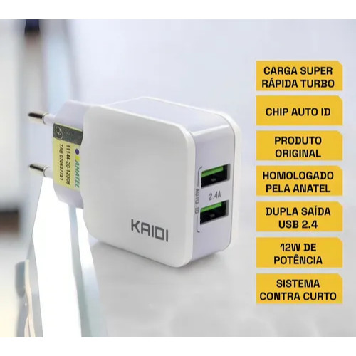 Kaidi Carregador Rápido 2 Entrada USB Cabo Dado e Carregamento Modelos Tipo-C, Micro Usb, Lightning