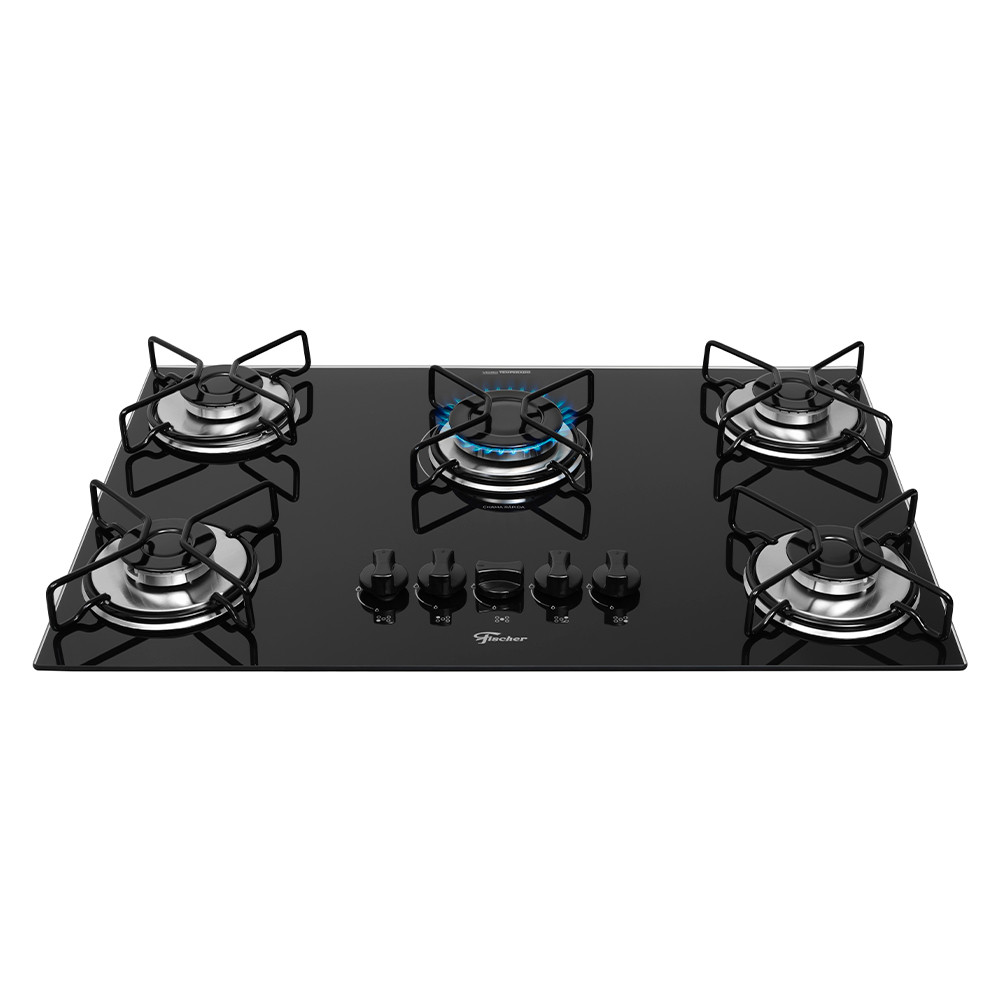 Imagem Cooktop 5 Bocas a Gás Fischer Fit Line Mesa de Vidro Trempe Esmaltada Aramado Preto Bivolt
