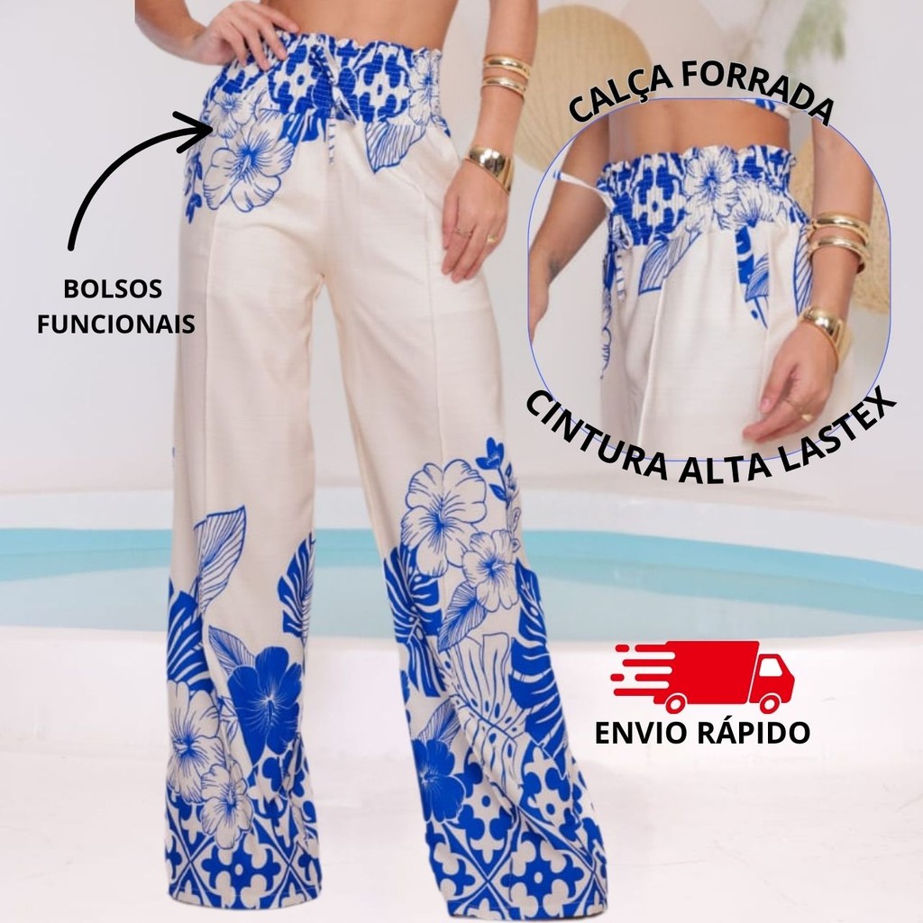 CALÇA PANTALONA FEMININA CREPINHO ESTAMPADO COM FORRO E BOLSOS – MODELAGEM WIDE LEG – ENVIO RÁPIDO