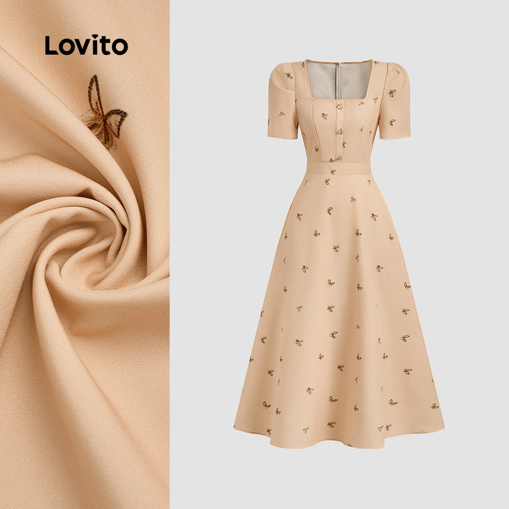 Lovito Vestido Elegante com Botões Na Frente Estilo Francês Preguiçoso Primavera/verão Vestido cáqui L154LD065 em Oferta na Shopee