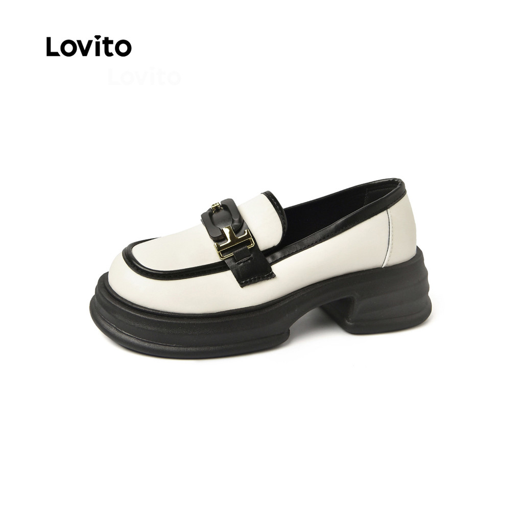 Lovito Mocassins femininos de fundo grosso estilo britânico de metal geométrico LFA46138 em Oferta na Shopee