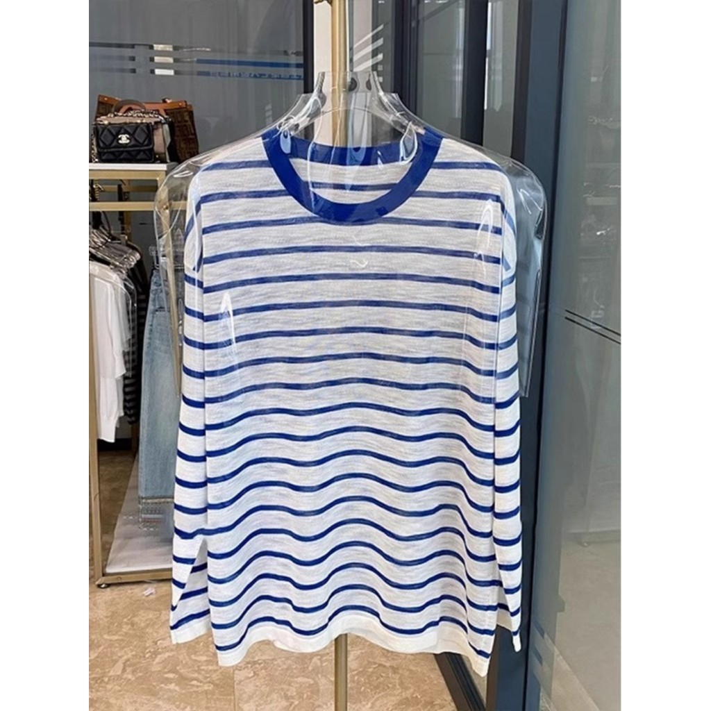 Preguiçoso fresco sentimento gelo seda bambu linho listrado protetor solar camisa blusa fina solta Casual manga comprida