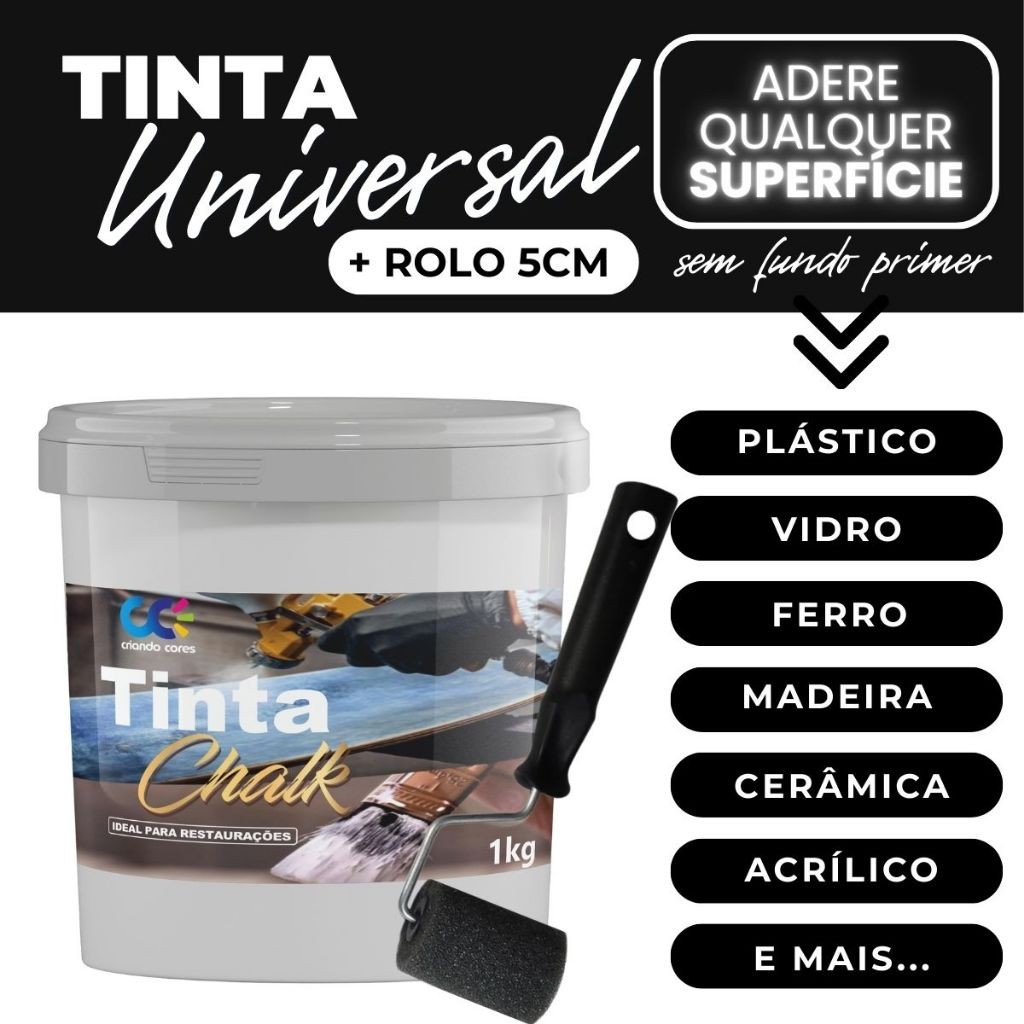 Tinta Chalk Restauradora Multiuso + Rolo 5cm – Ideal p/ Móveis, Madeira, Plástico, Ferro e Mais Tinta Chalk Restauradora Multiuso + Rolo 5cm – Ideal p/ Móveis, Madeira, Plástico, Ferro e Mais