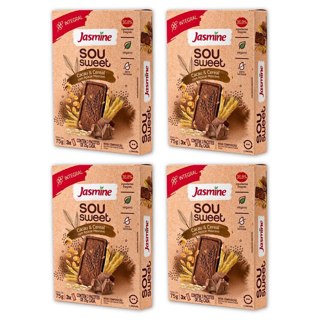 Kit 4un Biscoito Vegano Int 75G Cacau&Cereais Jasmine Sou Sweet