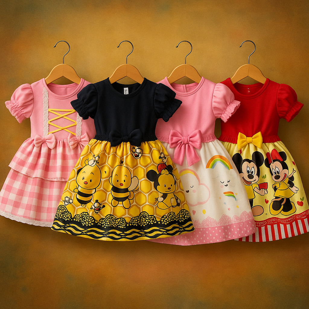 Vestido Festa Casual Manga Curta Ribana Canelado Infantil Personagens em Oferta na Shopee