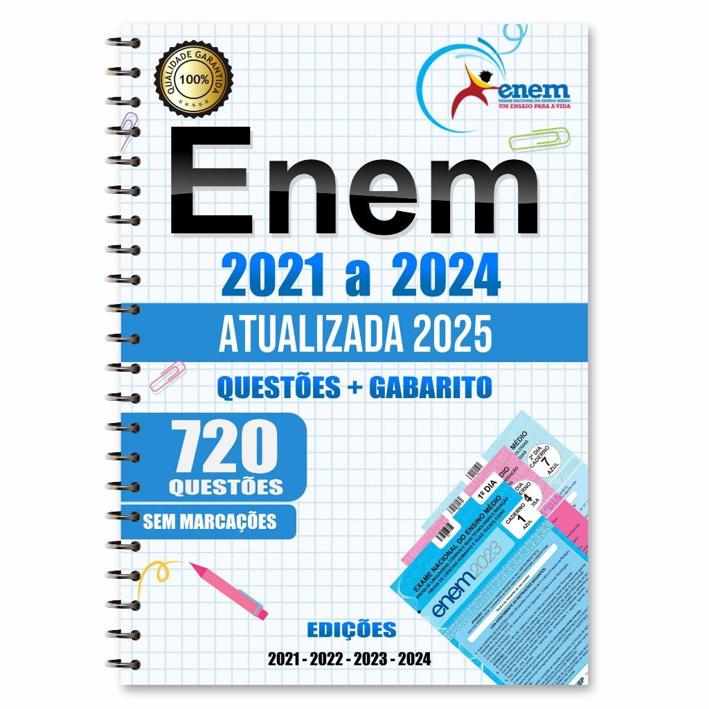 Apostila Enem 2024 Provas Anteriores 2021 a 2024 + Gabarito + Redação + Cartão Resposta