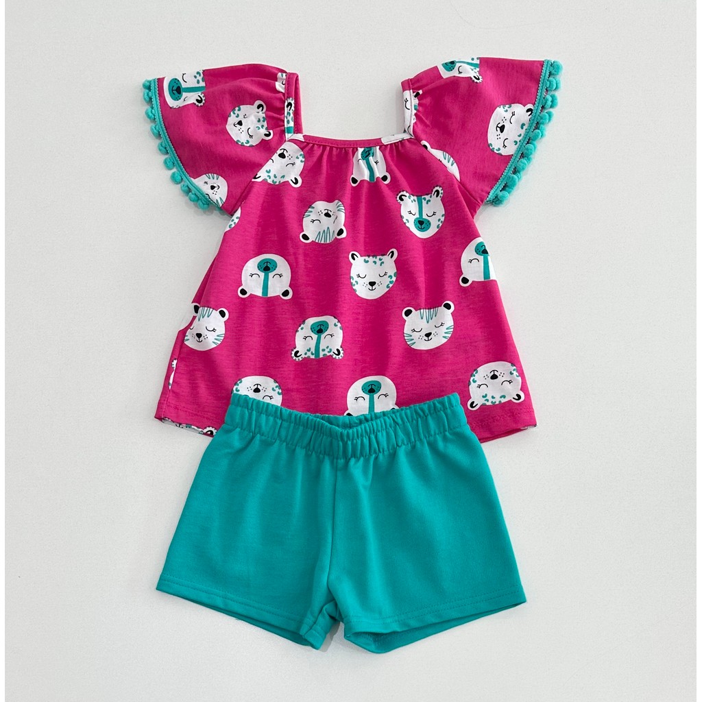 Conjunto Infantil Feminino Kyly Blusa Rosa Ursinhos Manga com Pompons Shorts Verde Menina Moda Kids Verão Conforto