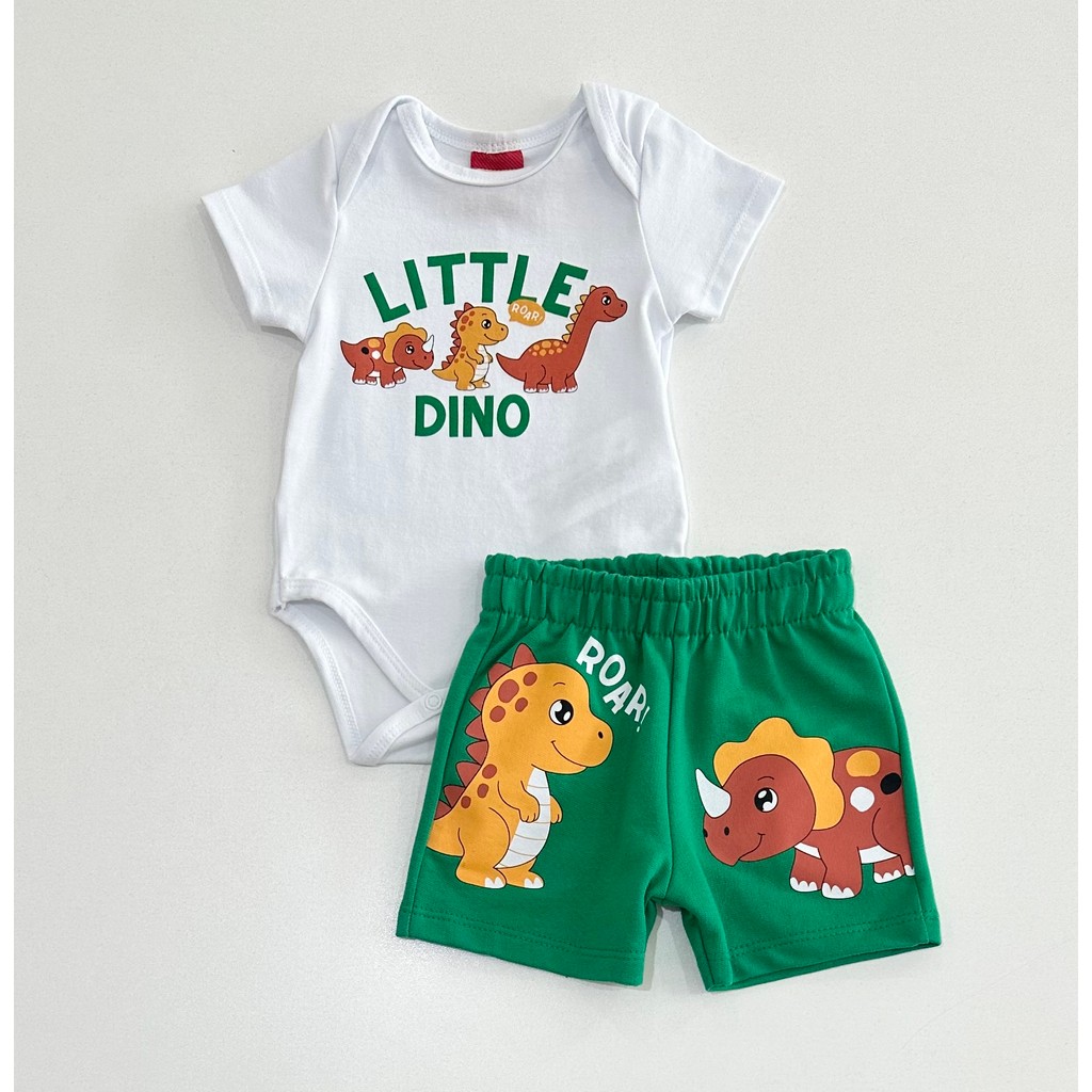 Conjunto Infantil Masculino Kyly Body Branco Little Dino com Estampa Dinossauro e Shorts Verde Confortável para Bebê Men