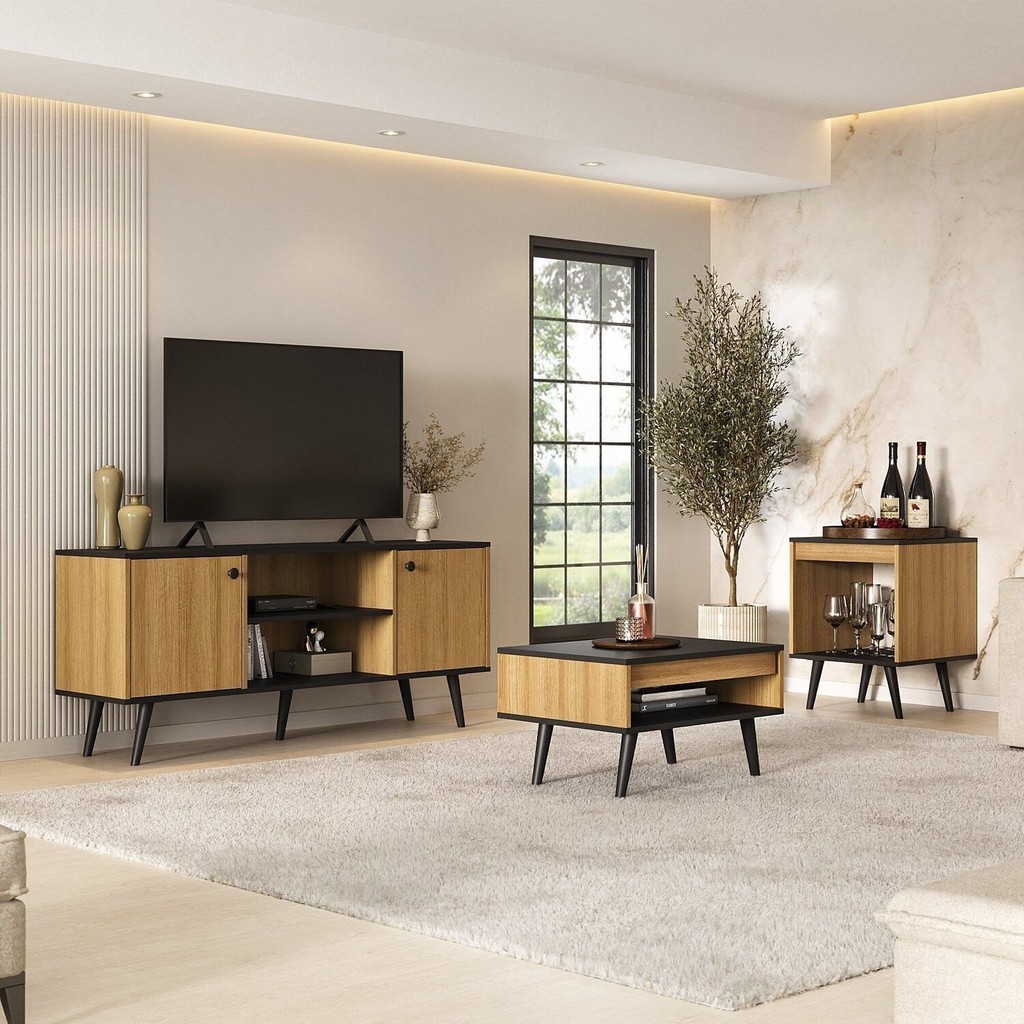 Conjunto Sala de Estar Tóquio 3 Peças – Rack para Tv, Mesa de Centro e Mesa de Apoio Cor Mel/preto em Oferta na Shopee