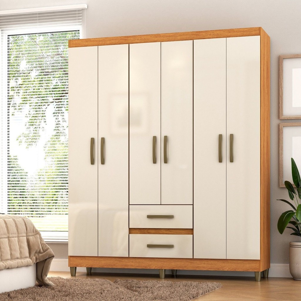 Guarda-Roupa Coimbra 6 Portas 2 Gavetas Cinamomo/Off White em Oferta na Shopee