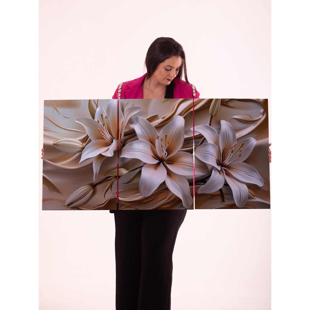 Quadro Decorativo 3 Peças Flor de Lírio Painel para Sala Quarto Parede Moderna