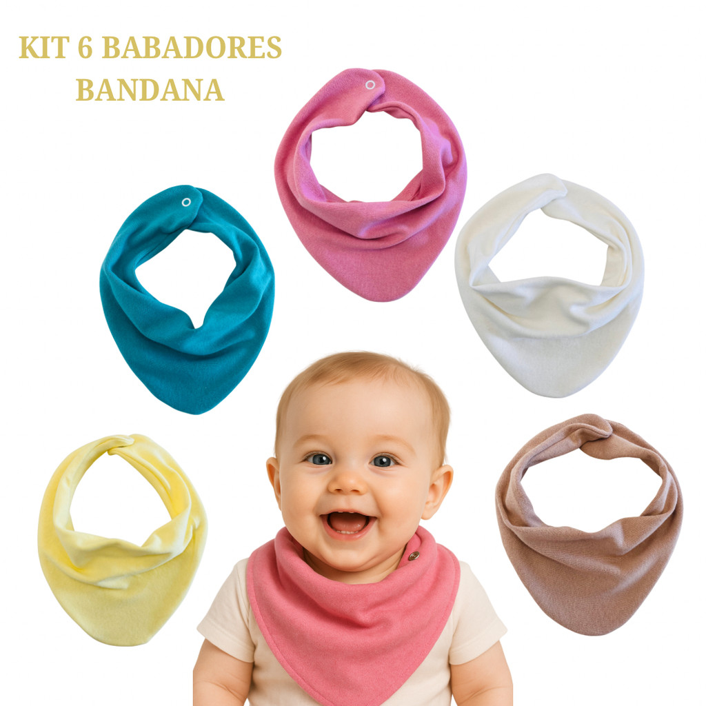 Kit com 5 Babador Bandana Bebê  Infantil Cores Sortidas 100% Algodão Suedine