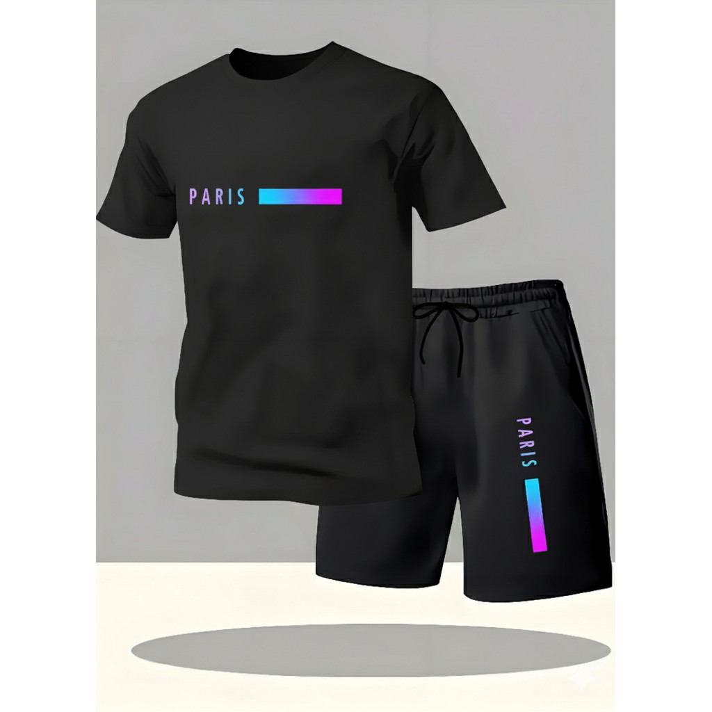 Kit Conjunto Camiseta e Bermuda Paris Colors Estampada 100% Algodão Leve Estilo Esportivo