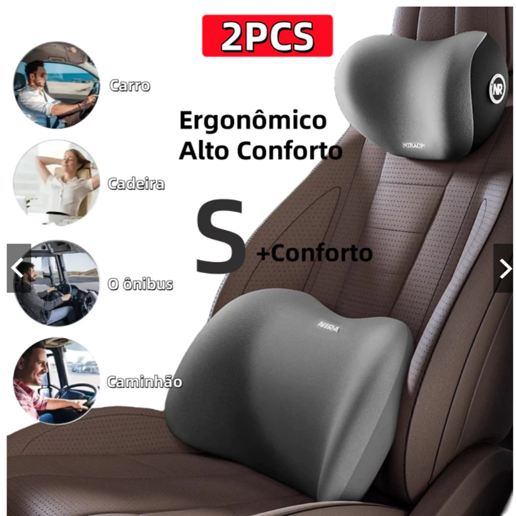 Conjunto De Almofada Para Cabeça E Lombar Veicular Apoio Cadeira Banco Carro Espuma De Memória