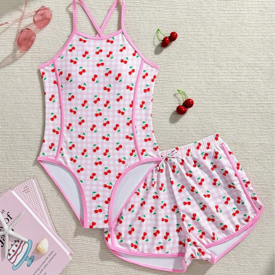 2025 novo estilo gaze maiô infantil de três peças feminino Cross-Border impresso menina Split médio Mi em Oferta na Shopee