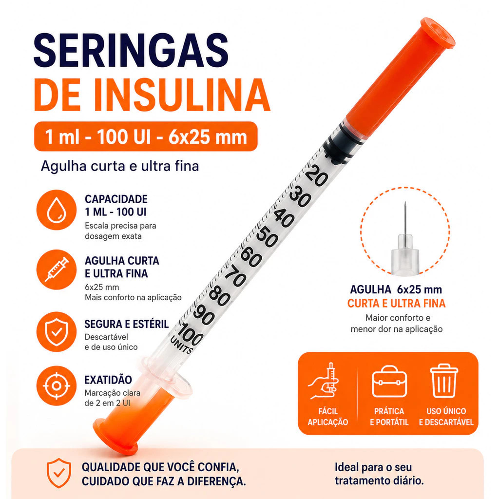 Seringa de Insulina 1ml 100UI com Agulha Fixa 6 x 0,25 mm - Curta e Ultra Fina