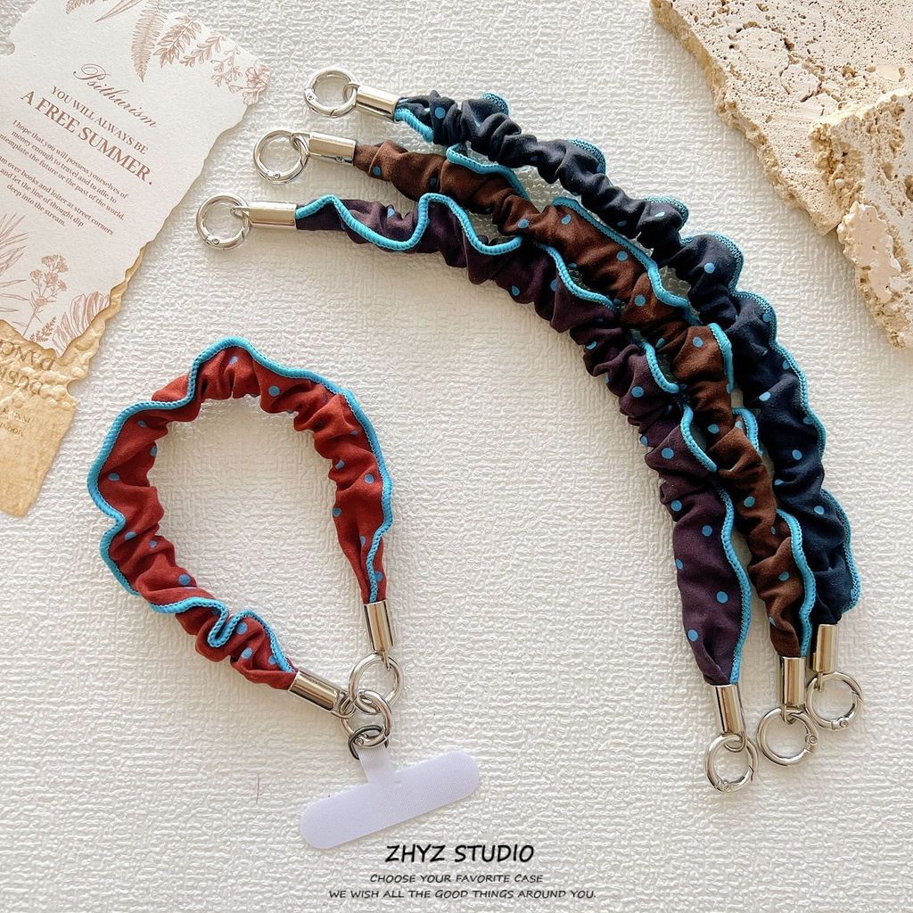 Capa de telefone cordão simples renda bolinhas tecido plissado corda curta alça de pulso clipe portátil cordão chave pin