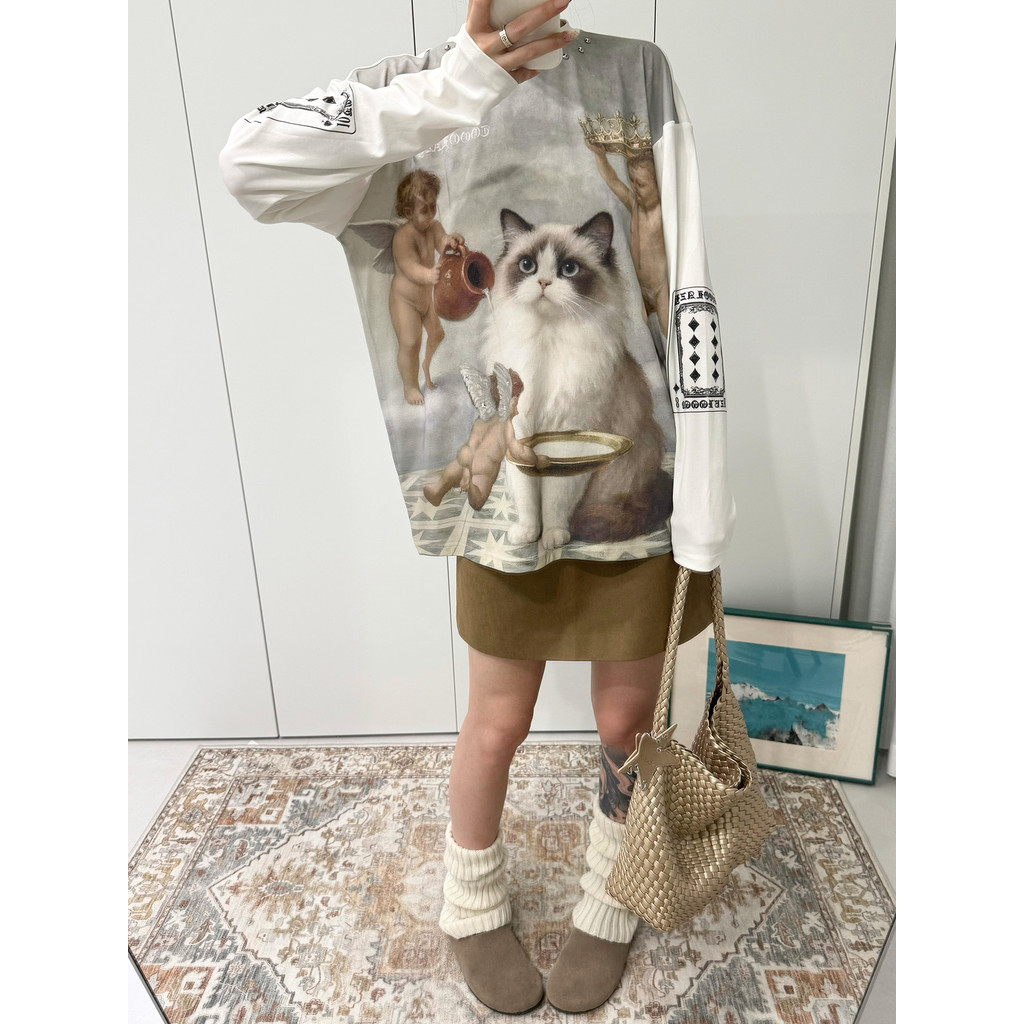 Americano Retro branco de manga comprida camiseta feminina primavera novo estilo gato impressão solta fina moletom estil