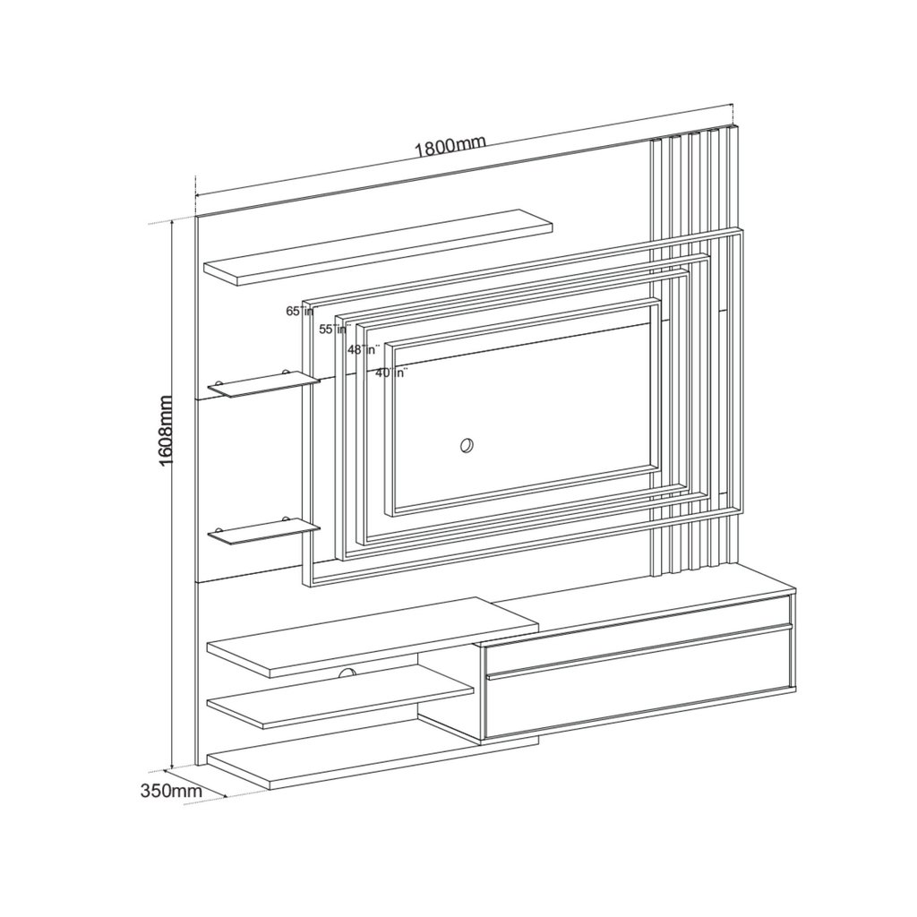 Painel Ripado para TV até 65 Polegadas MDF 180CMX160,8cm 1 Porta Basculante Zinder Bege Off White/Mel