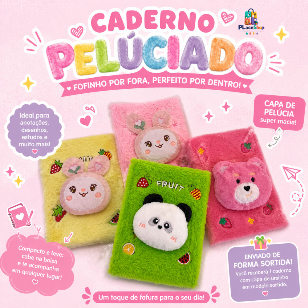 Caderno Peluciado Fofo Ursinho Panda Coelhinho 70 Folhas Sortido