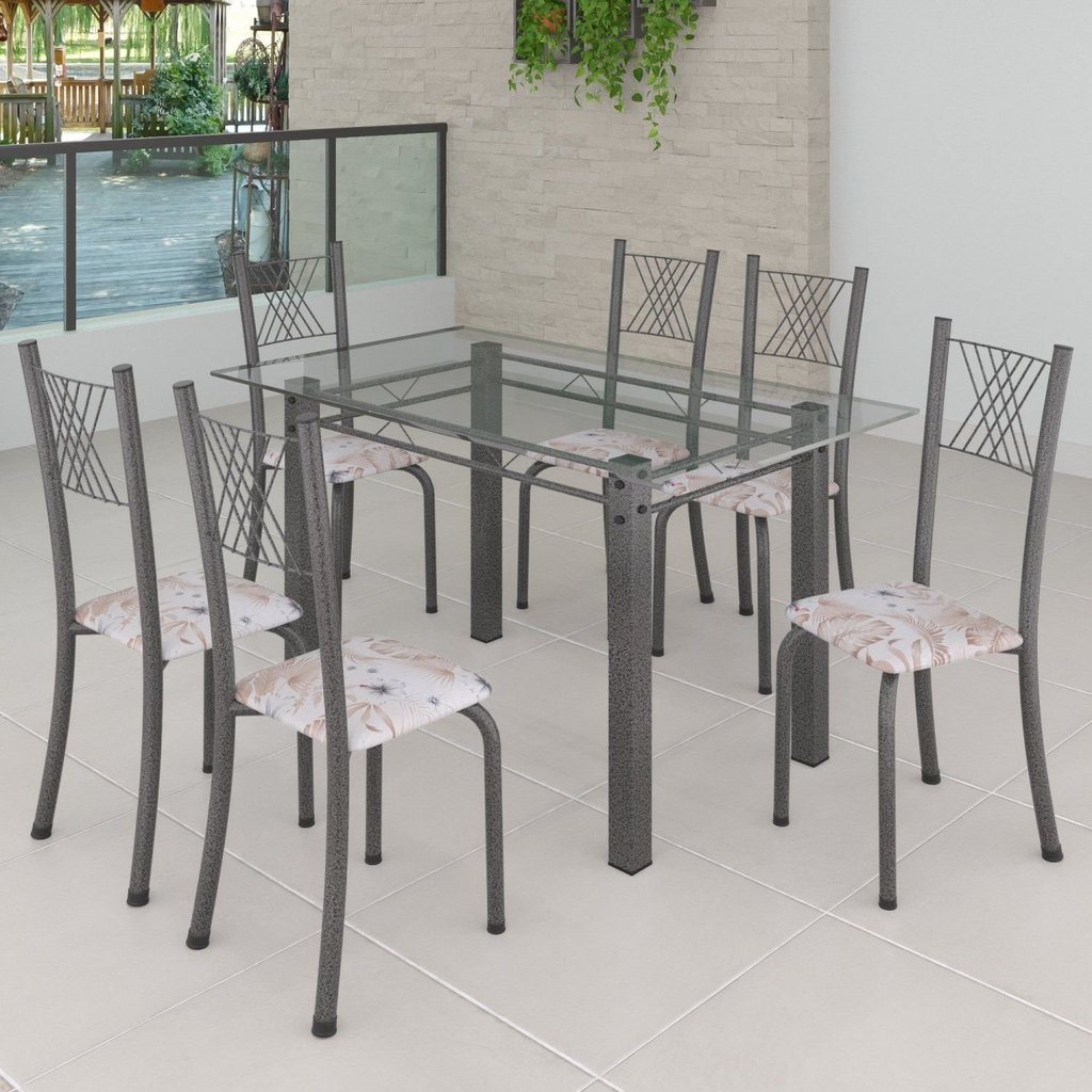 Conjunto de Jantar Mesa 140x75cm Tampo de Vidro Incolor com 6 Cadeiras Sara Yescasa Botanic Bege/Prata
