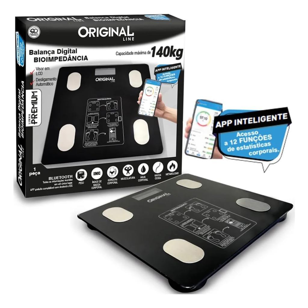 Original Line Balança Corporal Bioimpedância Eletrônica Bluetooth Ate 140kg Com App Cor Preto