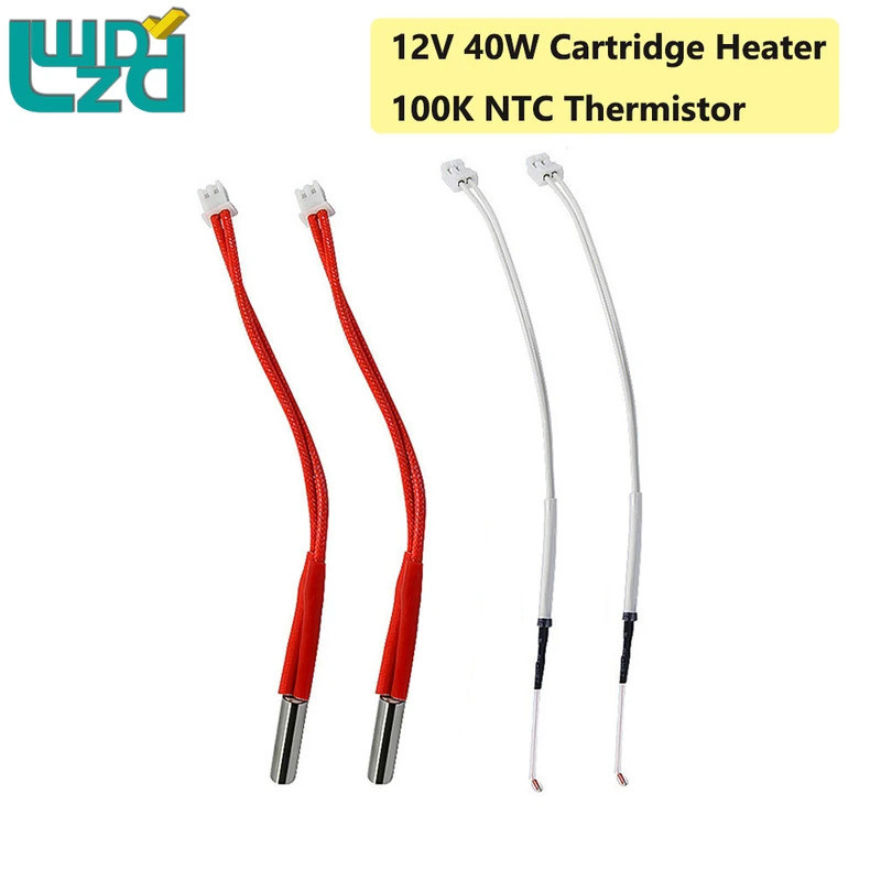 4 peças de Aquecedor de Cartucho 12V 40W 6*20mm com Termistor NTC 100K XH2.54-2pin e Haste de Aquecimento PH2.0-2pin 150