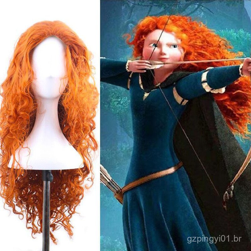 Peruca COS de Anime Brave Legend Laranja Merida, Peruca de Princesa Merida, Peruca Completa com Cabelo Longo Cacheado e