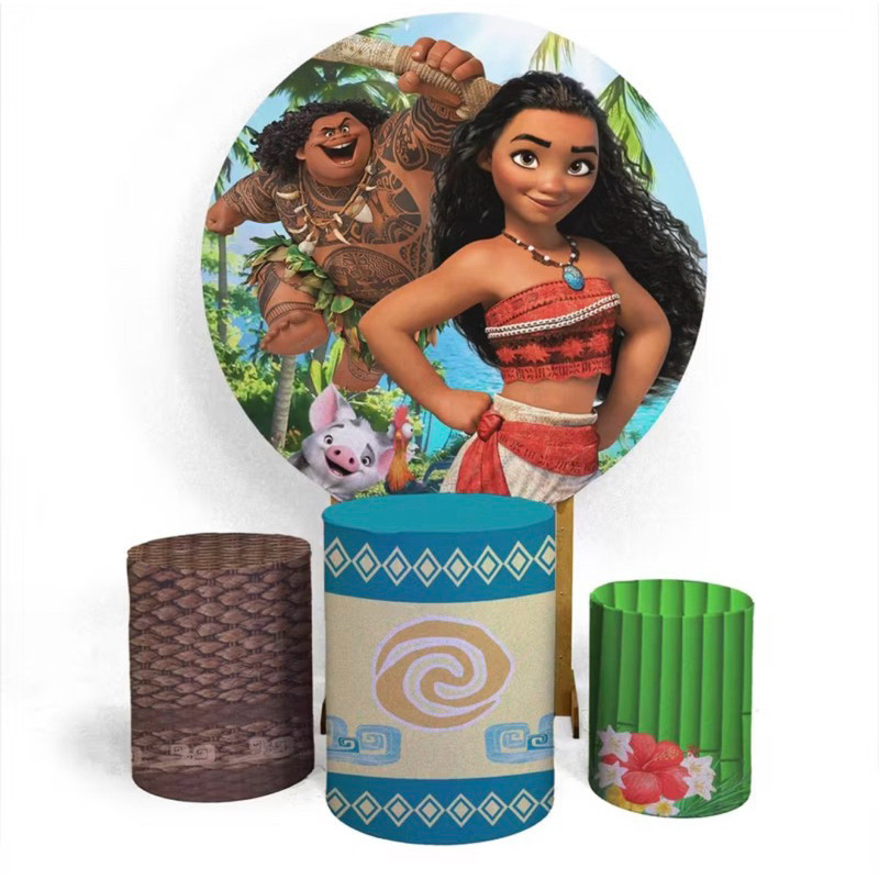 Painel Redondo + Trio de Capas Decorativas Sublimado Tema Moana Adulta | Produção Ágil