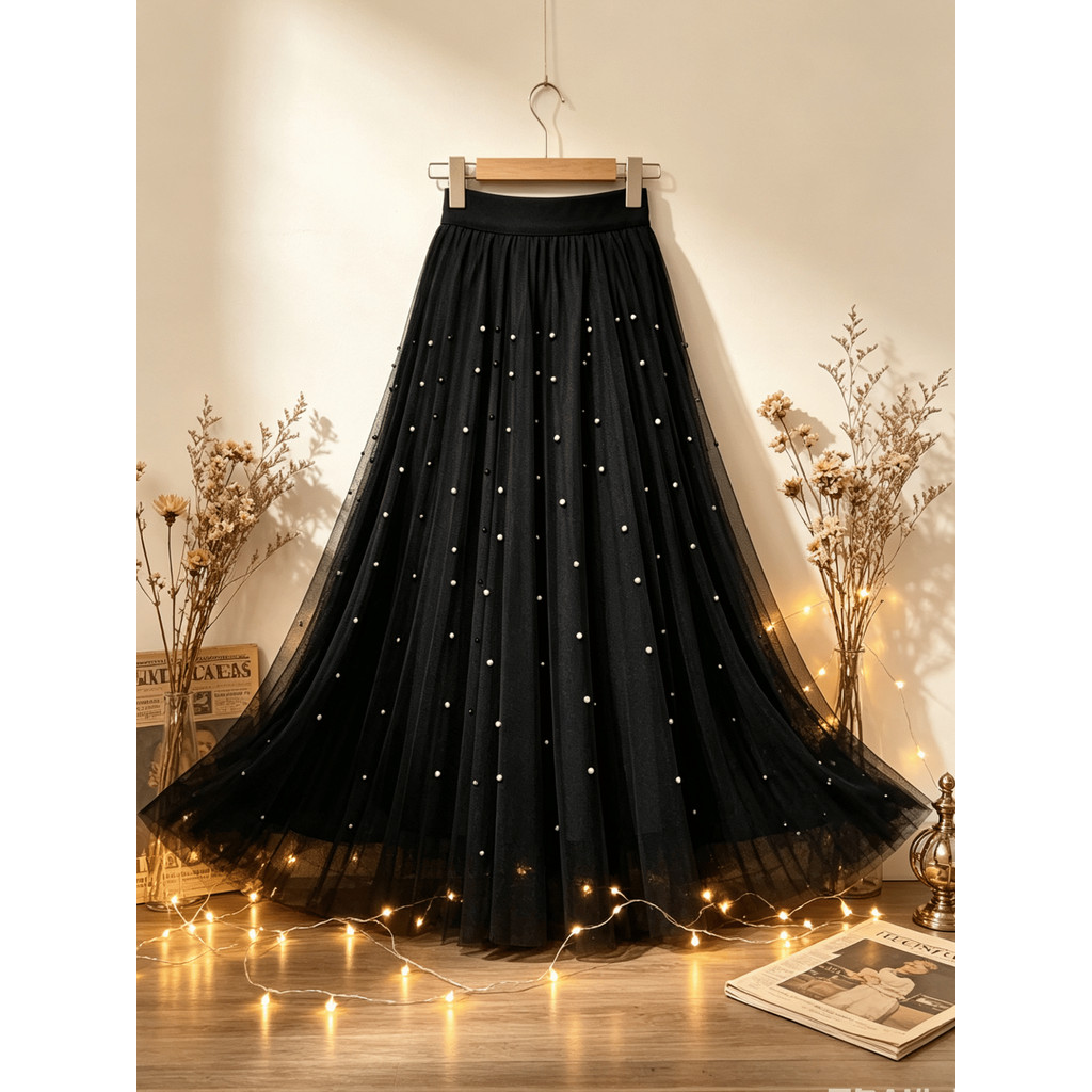 Saia midi de tule com pérolas, estilo delicado e cintura alta