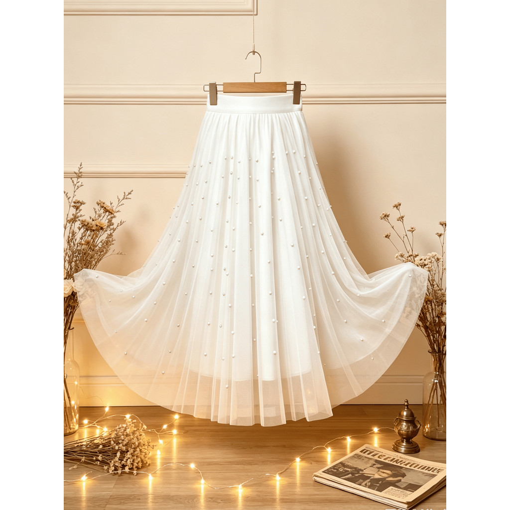Saia midi de tule com pérolas, estilo delicado e cintura alta