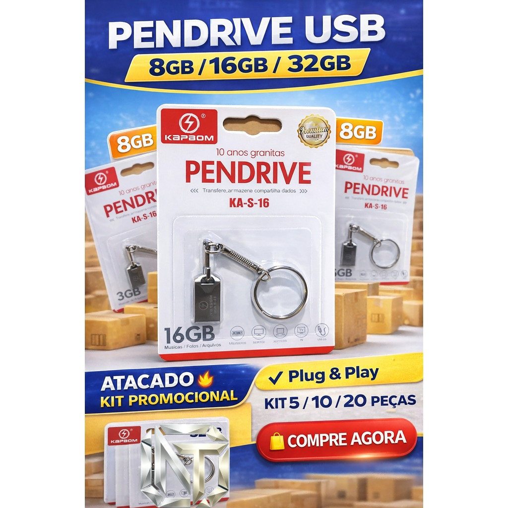 Kit Mini Pendrive Kapbom Original – Chaveiro Metálico USB 2.0 (8GB a 32GB)