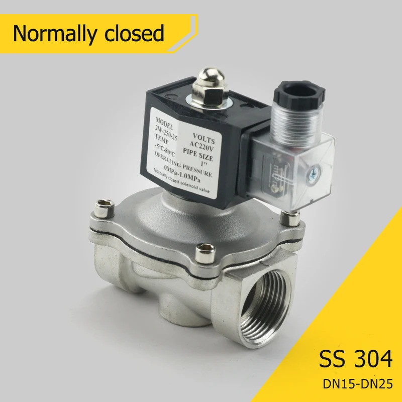 Válvula Solenoide Elétrica Normalmente Fechada de Aço Inoxidável 1/2" 3/4" 1" para Água DN15 DN20 com Bobina DIN IP65 AC