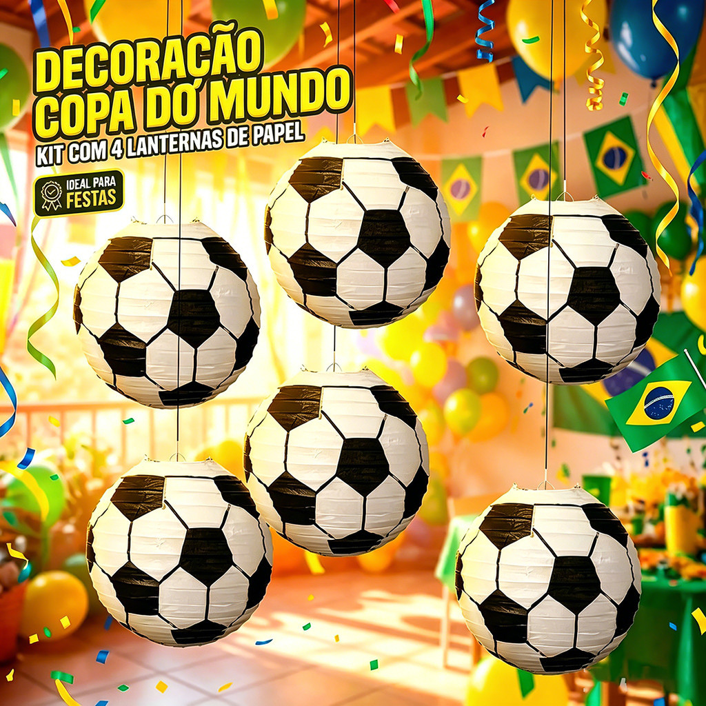 Kit 4 Peças Bola Favo de Mel – Decoração Copa do Mundo 2026 – Enfeite Festa Futebol Brasileiro para Pendurar