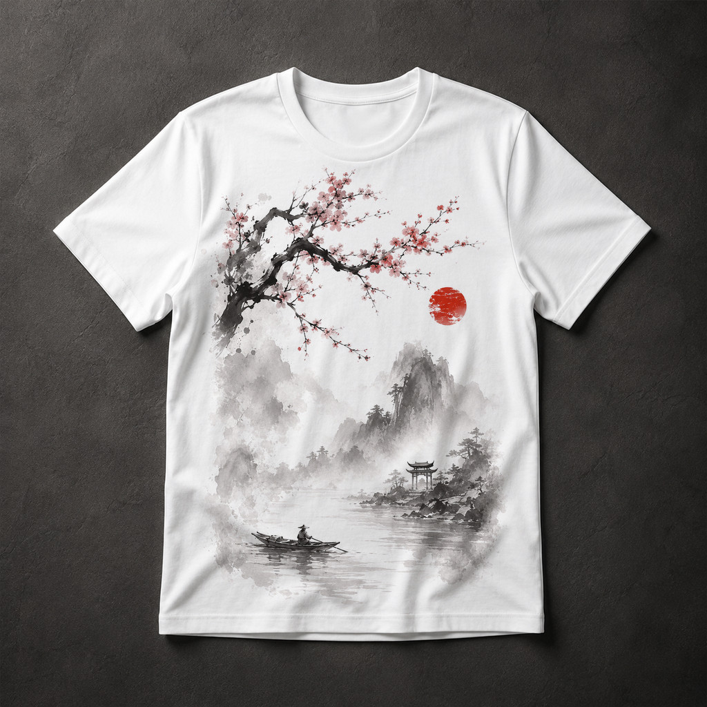 Camiseta Masculina Cerejeira Paisagem Oriental Arte Japonesa Aquarela