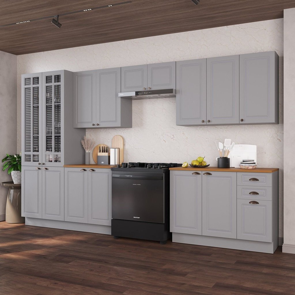 Cozinha Modulada 6 Peças 1 Cristaleira com Vidro 2 Balcão com Tampo 3 Aéreos 100% MDF com Rodapé Bari Cinza/Titânio