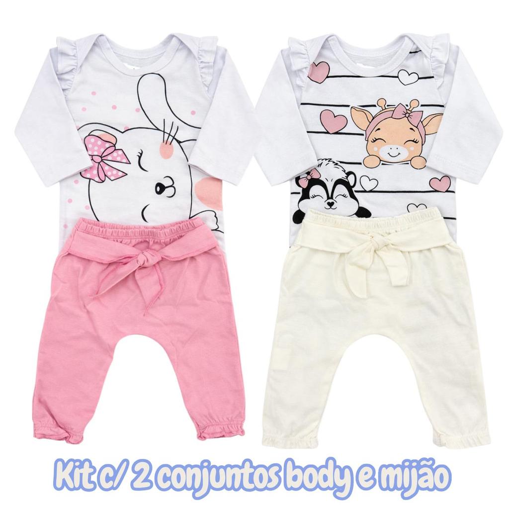 Kit 2 Conjuntos Body + Calça (Mijão) Bebê Menina – 100% Algodão | Estampas Sortidas | Aluli Baby