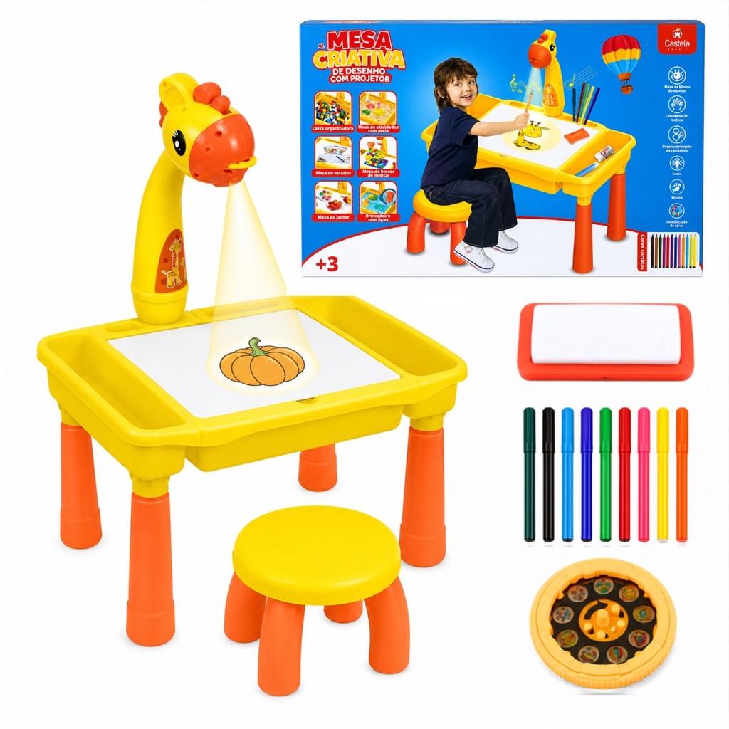 Kit Infantil Cadeirinha e Mesinha C/ Girafa Projetora Para Desenhar e Pintar Com Acessórios